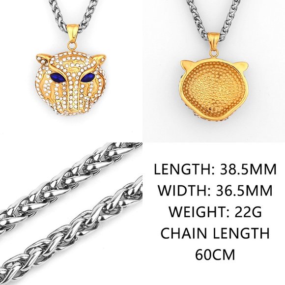 "Gold Diamond Blue Eye Panther Stainless Steel Pendant Necklace, GP1231067 - Picture 7 of 8